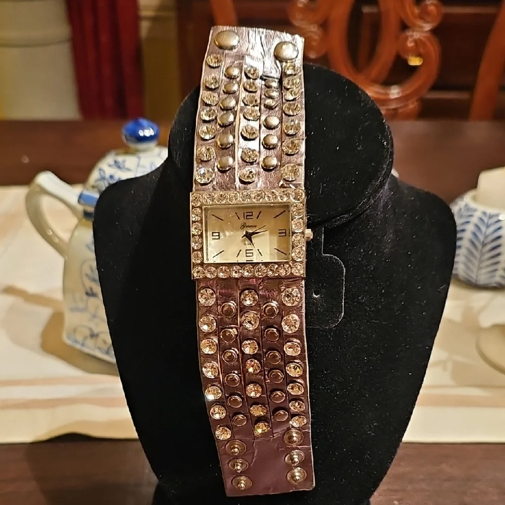 Silver Studded & Rhinestones Watch Leather Wrap 3 Adjustable Sizes